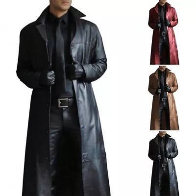 Buy Stylish Men's Faux Leather Casual Jacket Slim Warm Windbreaker Coat Long Coat • 26.05£