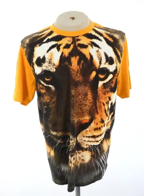 Buy Tiger Print T Shirt Top Tee Yellow 100% Cotton Crew Neck Logo Urban L • 6.99£