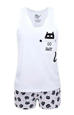 Buy Ladies Cat Go Away Shortie PYJAMAS Set VEST & SHORTS Top PJS Sizes UK 6-12 • 8.89£