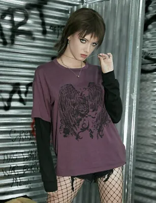 Buy Grunge Punk Wings & Floral  Tee Emo Anime T-Shirt Xs Size 6 Oversized New 🔹 • 9.99£