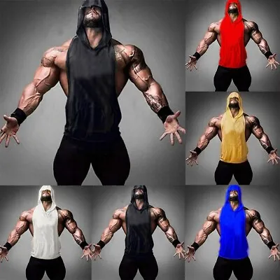 Buy Men Muscle Hoodie Tank Top Sleeveless Vest Gym Workout Bodybuilding Hooded Shirt • 10.93£