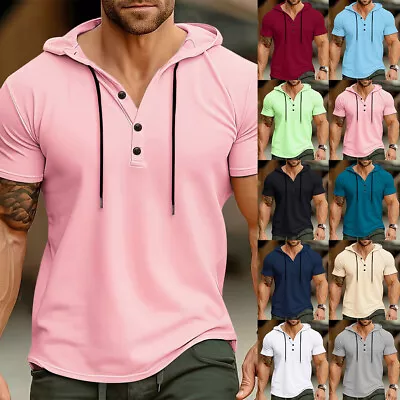 Buy Mens Hooded T Shirt Short Sleeve Tee Casual Hoodie Sports Tops Blouse Size 38-46 • 11.89£