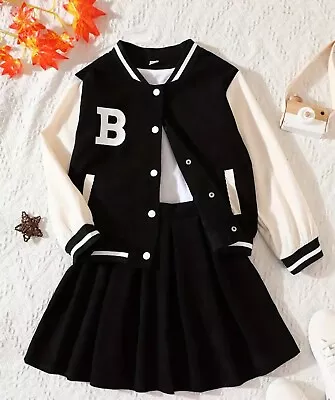 Buy Girls 2pcs Long Sleeve Baseball Jacket Botton Coat And Short Skirt Letter B  • 20£