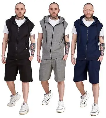Buy Mens Hoodie & Short Tracksuit Set Sleeveless Zipper Pockets Casual Tops S To XL • 13.95£