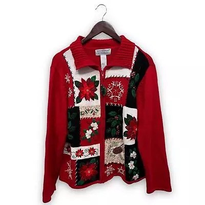 Buy Tiara International Christmas Embroidered Beaded Pointsettia Full Zip Sweater L • 23.68£