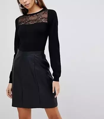 Buy Black Dress 2in 1 Leather Look Skirt Knitted Occasion Party Size 10 UK Sexy • 29.99£