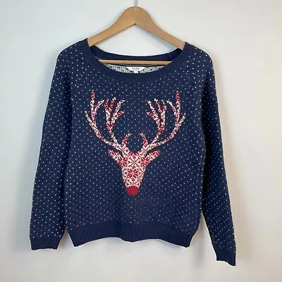 Buy Fat Face Jumper Womens Size UK 12 Blue Pullover Christmas Reindeer Crew Neck • 21.99£