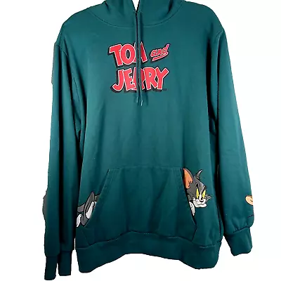 Buy Tom And Jerry Hoodie Green Pullover Sweatshirt Tom Chasing Jerry On Sleeve Sz XL • 21.72£