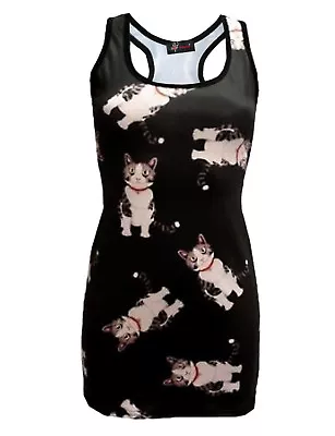 Buy Gothic Ladies  Cute Cat Kitten Kitty Tattoo Long Vest Top Dress Goth Punk Emo • 21.99£