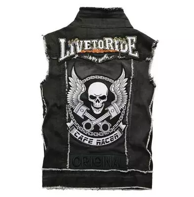 Buy Mens Distressed Rivets Punk Rock Denim Vest Waiscoat Jeans Jacket Embroidery D1 • 40.10£
