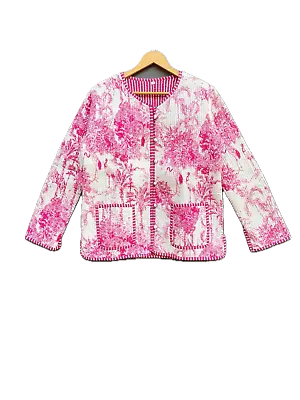 Buy Indian Pink Floral Printed Cotton Quilted Unisex Jacket Women's Clothing Jacket • 36.55£