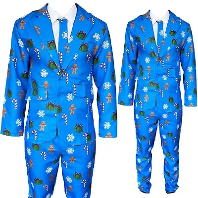Buy Mens Adults Novelty Christmas Suit Jacket Tie Trousers Party Xmas Funny Set Blue • 24.99£