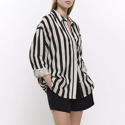 Buy River Island Womens Shirt Black Stripe With Linen Blend Collared Long Sleeve Top • 10.50£