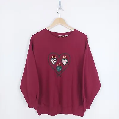Buy Vintage Red Embroidered Holly Heart Christmas Jumper Size 2XL - See Measurements • 15£