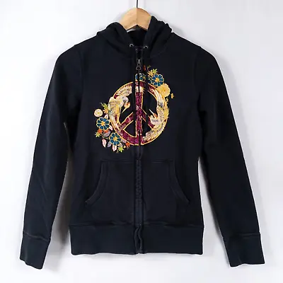Buy Vtg Lucky Brand Hoodie Womens Small Black Cotton Embroidered Peace Sign Zip Up • 29.33£