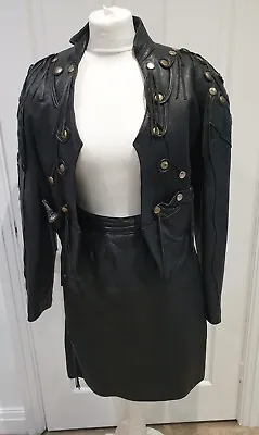 Buy Rare Vintage 80s Black Leather Jacket And Skirt Set Fringe Small XS Biker Orton • 180£