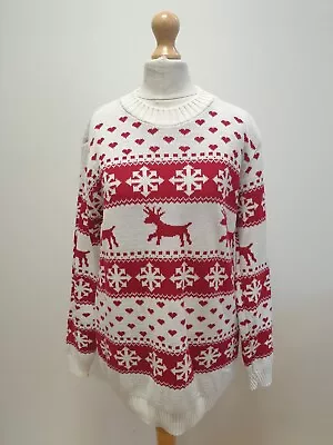 Buy Vv558 Womens Unbranded Red White Snowflake Reindeer Christmas Jumper L 12 Eu 40 • 14.99£