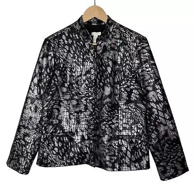 Buy Chico's Metallic Silver Black Croc Print Jacket Stand Collar Sz 1 (Medium / 8) • 22.68£