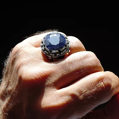 Buy Silver Handmade Ring Raw Sapphire Gemstone Solid Sterling Unique Mens Jewelry • 192.94£