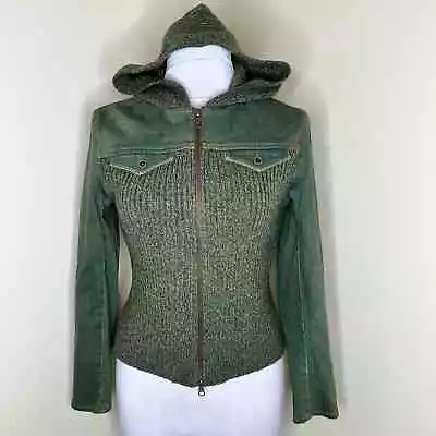 Buy NEW Like Love Sweater Jean Jacket MEDIUM Ribbed Wool Green Hooded Zip Denim Knit • 30.73£