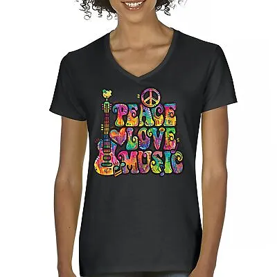Buy Dean Russo Peace Love Music Women's V-Neck T-shirt Guitar Happy Good Vibe Tee • 27.42£