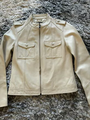Buy Attention Genuine Leather Off White Full Zip Pocketed Moto Jacket Women's Sz 8 • 7.89£