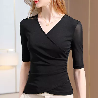 Buy Mesh Women's Solid Short Sleeve Wrap Style T-Shirt Basic Top Size S-3XL • 15.36£