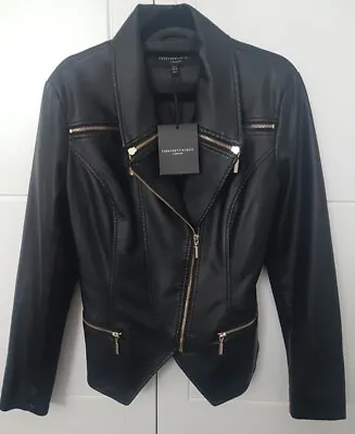 Buy Bnwt Forever Unique Black Faux Leather Biker Jacket With Gold Tone Zips Size 12 • 65£
