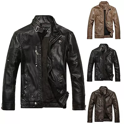Buy Plus Size Men's Leather Biker Jacket Motorcycle Zip Up Coats Collared Outerwear • 23.99£