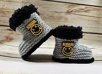 Buy Baby Hand Knitted  Booties Boots Slippers Nirvana Goth Grunge Rock Skull 0-12M • 22.53£