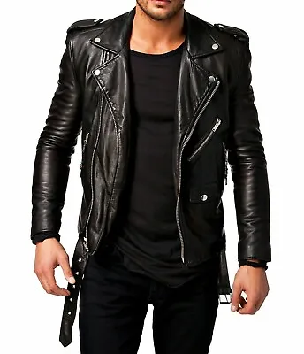 Buy Mens Vintage Genuine Leather Jacket Slim Fit Real Biker Black New Xs-3xl • 29.99£