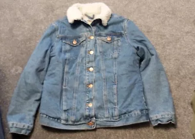 Buy NEW LOOK BLUE MID WASH BORG LINED DENIM JACKET SIZE UK Small worn Twice Only • 5.99£