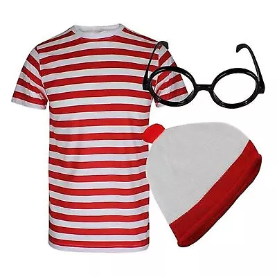 Buy Adults/Kids Red/White Stripe T-Shirt Hat Glasses Fun Costume World Book Day Fan • 10.99£