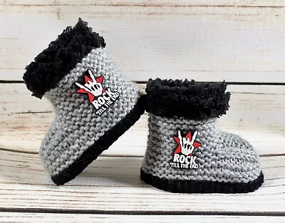 Buy Baby Hand Knitted  Booties Boots Slippers Rock On Goth Metal Punk Skull 0-12M • 22.53£