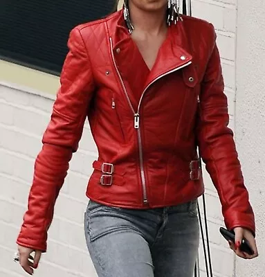 Buy Women's Lambskin Red Real Leather Jacket Motorcycle Slim Fit Biker Jacket • 19.99£