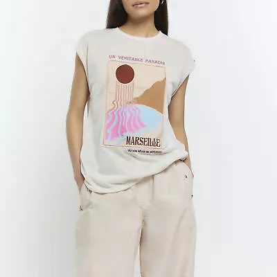 Buy River Island Womens T-Shirt Cream Ecru Graphic Print Crew Neck T Shirt Tee Top • 10£