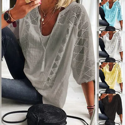 Buy Plus Size Womens 3/4 Sleeve Cotton Lined Tops Ladies Casual Loose Summer T Shirt • 12.69£