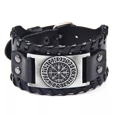 Buy Men's Vintage Norse Viking Vegvisir Rune Leather Cuff Wristband Bracelet Jewelry • 5.45£