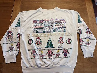 Buy Vintage Holiday Time Ugly Christmas Sweater Sweatshirt Women's Large Snowmen Bow • 14.48£