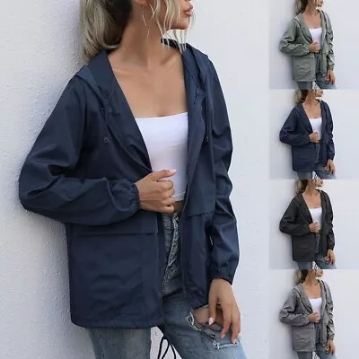Buy Ladies Navy Waterproof Jacket Zip Up Hooded Windbreaker Coat Lightweight Tops • 14.63£