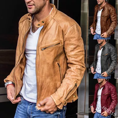 Buy Mens Stand Collar Jacket Slim Zip Short Coat Pocket Motorcycle Leather Jacket UK • 47.99£
