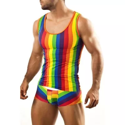 Buy Trendy Sleeveless Rainbow Stripe Men's Tank Pajamas Set For Gym Or Lounge • 15.55£