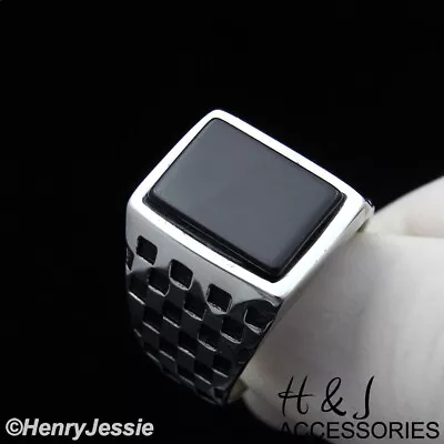 Buy MEN Stainless Steel Rectangle Black Onyx Silver/Black Plated Mosaic Ring*AR136 • 15.42£