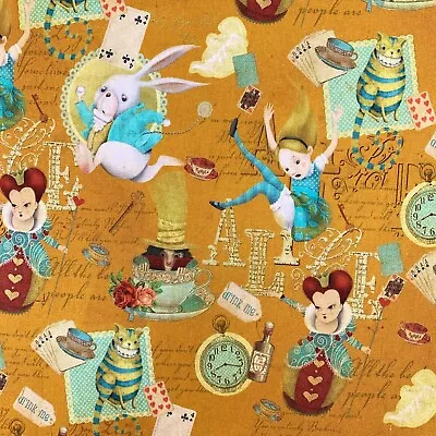 Buy Alice In Wonderland Fabric, Peach Ochre Cotton For Children, Fairytale Lewis Cat • 8.08£