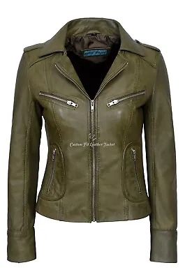 Buy Ladies Leather Jacket Olive Green Real Leather Soft Casual Upper Jacket 9823 • 119.75£