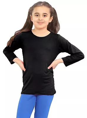 Buy Girls Long Sleeve Top Plain Kids Round Neck Basic Stretch Jersey School T-Shirt • 5.33£