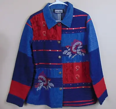 Buy Indigo Moon Jean Jacket Embroidery Size Medium Red / Blue Cotton Women's M • 15.40£