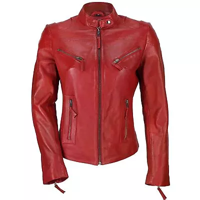 Buy Ladies Womens Genuine Real Leather Vintage Slim Fit Red Brown Biker Jacket • 79.99£