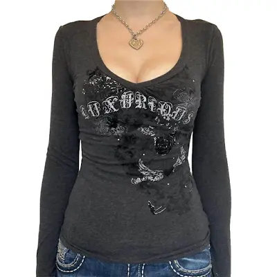 Buy 2000s Mall Goth Shirts Y2k Aesthetic Clothes Women Graphic Print V Neck Emo Girl • 15.83£