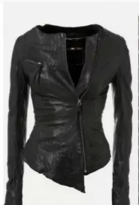 Buy Kate Moss Topshop Jet Black Leather Biker Zip Jacket Asymmetric Vintage 8 36 • 59£